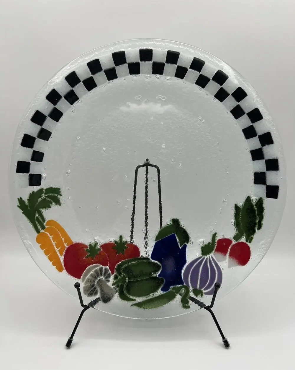 Peggy Karr Fused Art Glass Platter 14” Checkerboard Veggies Vegetables Signed